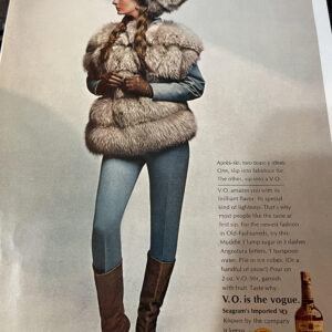 Seagram's V.O. Advertisement with Furs by Fredrica, Apres-Ski by White Stag, Boots by Christian Dior, 1964.